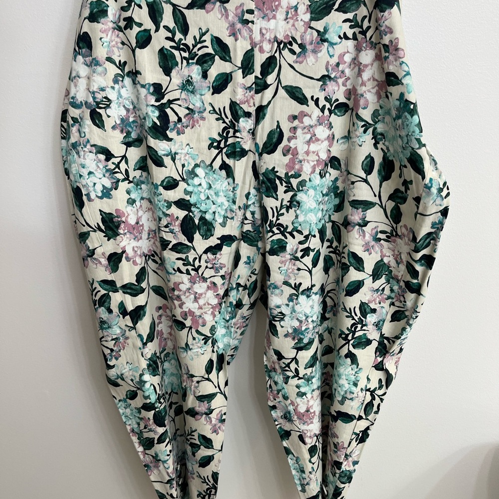 NWT J. Jill Floral Size 4X Linen Blend Side Zip Pants with elastic- Green & Pink